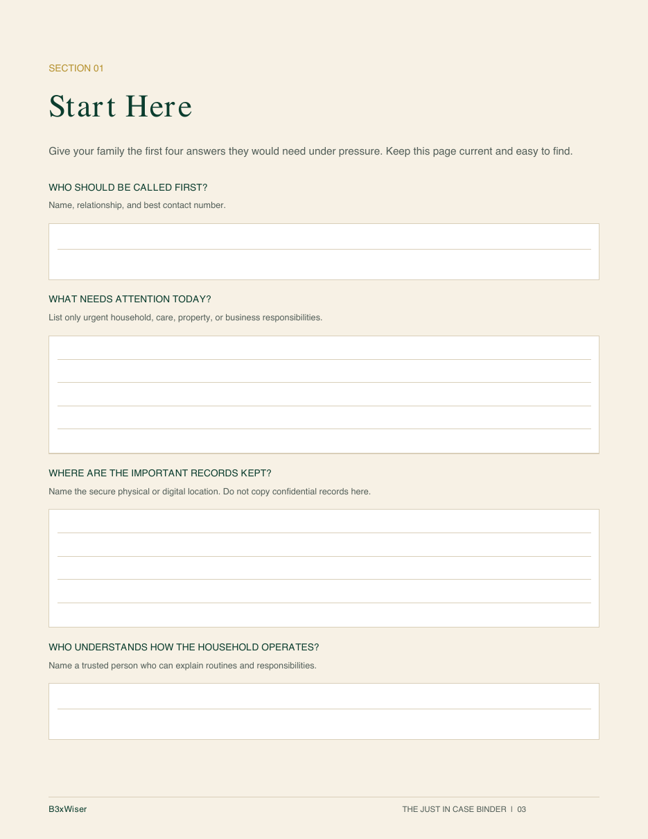 Start Here worksheet from The Just In Case Binder