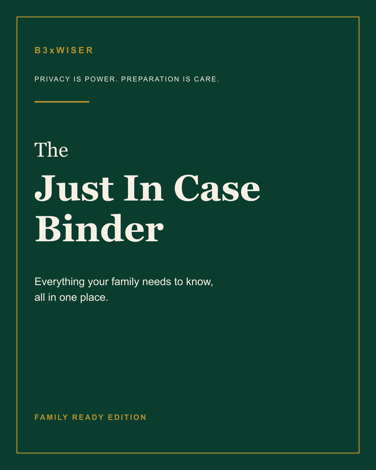 Green and gold cover of The Just In Case Binder
